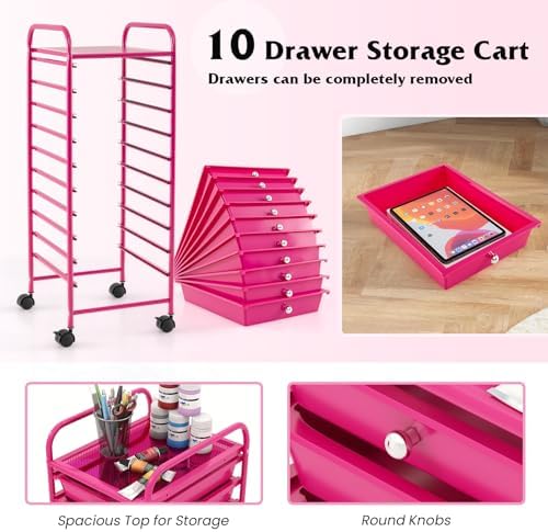 Storage Cart, Rolling Utility Cart with 10 Drawers, Portable Handles & Lockable Wheels, Mobile Paper Toys Storage Organizer Large Capacity for Home Office School Teacher (Hot Pink)