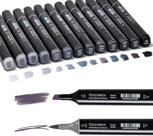 13Pcs Alcohol Markers Pure Color Series,Black Pen Barrel Dual Tip Soft Art Solid Color Markers Set for Adults Beginner Drawing Sketching (Grey)