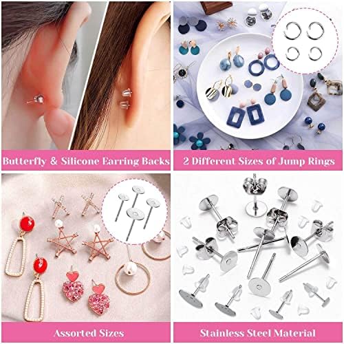 Caffox Hypoallergenic Earring Posts and Backs, 1800pcs Stainless Steel Stud Earring Kit with Earring Base Studs, Earring Backs and Jump Rings for Clay, Resin, Pearls, Jewelry Making and Crafting