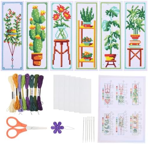ORIGACH 6 Set Green Plants Cross Stitch Bookmark Kit for Beginner with Backing Felt Floss Instructions DIY Stamped Embroidery Bookmark Kit for Adults, Book Lovers