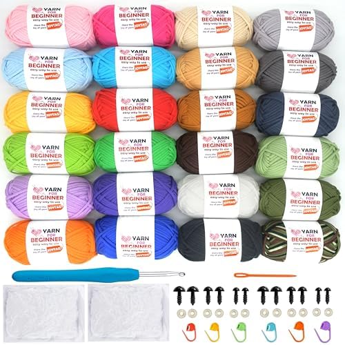 24 Pack Beginners Crochet Yarn Cotton Crochet Yarn for Crocheting Knitting Beginners(24x50g)-Multicolor Mix