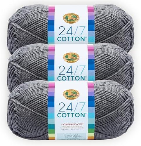 Lion Brand Yarn, 24/7 Cotton Mercerized Lightweight Yarn for Knitting, Crochet, and Crafts, Silver, 3 Pack, 185 Yards of Natural Fiber for Breathable Tops, Durable Bags, and Easy-Care Dish Cloths
