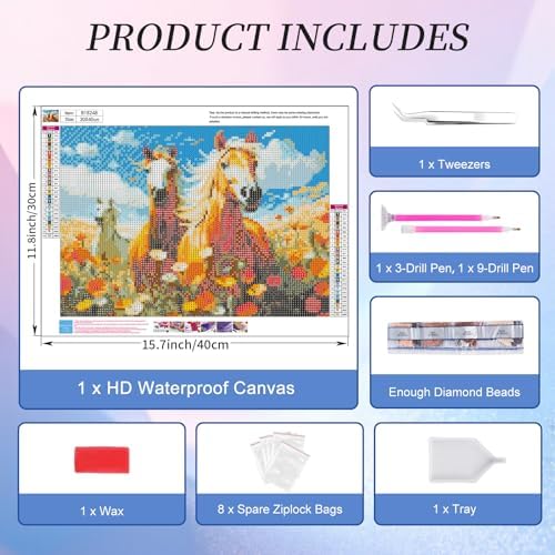 Diamond Art Kits for Adults, Horses Diamond Painting Kit, 12 x 16 Inch
