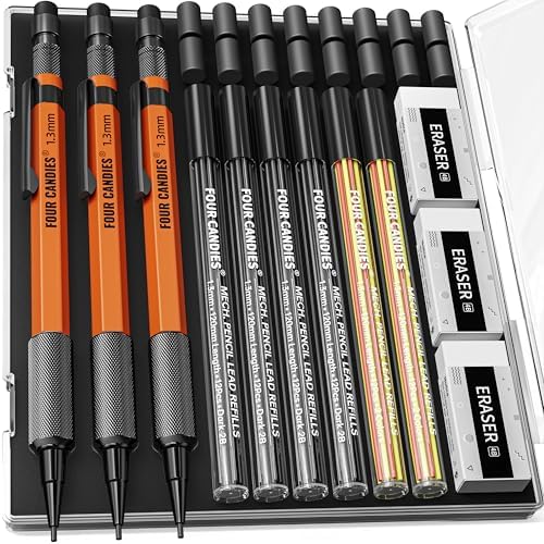 Four Candies 3PCS 1.3mm Metal Mechanical Pencil Set with Case (Orange)