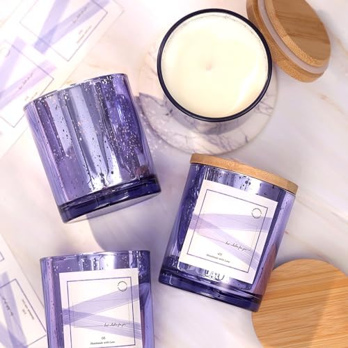 LAMORGIFT 12 Pack Glass Jars with Lids (10oz, Purple) - Making Containers for Candles - Mercury Glass Jars Include 15 Pcs Labels