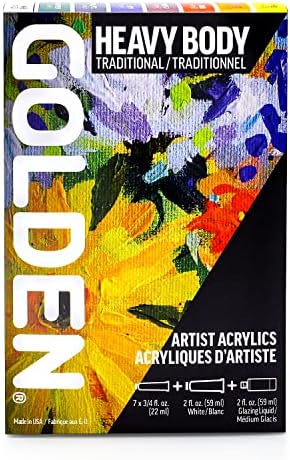 GOLDEN Heavy Body Acrylics Traditional Set, 8 Colors + Glazing Liquid