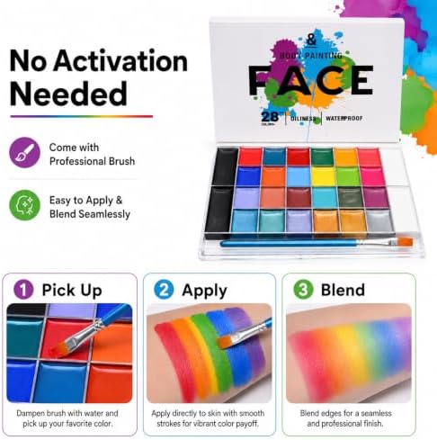 28 Colors Face Body Paint Kit, Oil Based, Waterproof Non-Toxic Face Paint Palette with Brush for Halloween Cosplay, Parties & Stage Makeup