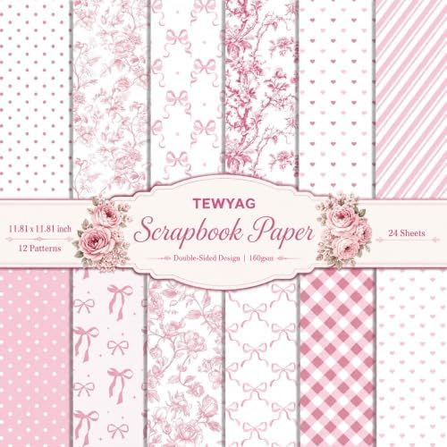 Pink Scrapbook Paper Double Sided 12x12 Coquette Bows Floral 24 Sheets