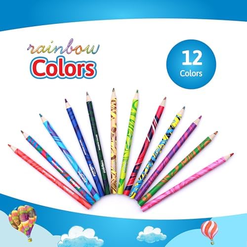 Pointer Colors Rainbow Colored Pencils – 12 Count, Pre-Sharpened, Round Body, Multicolored Barrel Designs – Fun School & Art Supplies