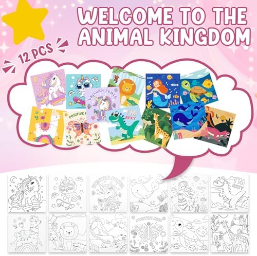 CONDA 12 Pcs Pre Drawn Canvas to Paint 6x6 Inch, Animal Pre Printed Canvas for Painting with 12 Acrylic Paint Sets and 12 Brushes for Kids Beginners Students, DIY Paint Art Supplies