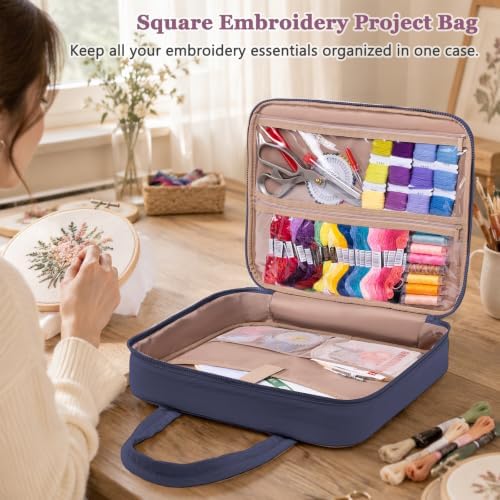 Puffy Embroidery Project Bag, Quilted Embroidery Floss Organizer for Hoops up to 11", Cross Stitch Project Storage Case for Needlepoint Project, Thread & Stitch Tools