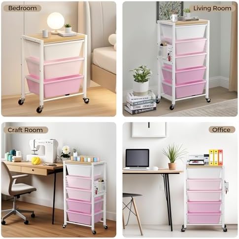 Rolling Cart with 3 Drawers, Plastic Drawer Storage Carts with Lockable Wheels & Wooden Tabletop, Metal Utility Cart Organizer, Office Bedroom Classroom Craft Organization and Storage, Bright Pink