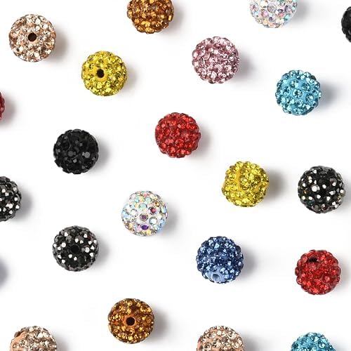 Assorted 50Pcs Disco Ball Rhinestone Polymer Clay Beads for Jewelry Making Colorful Sparkly Spacer Beads for Bracelets Necklaces Earrings Making Craft Gift