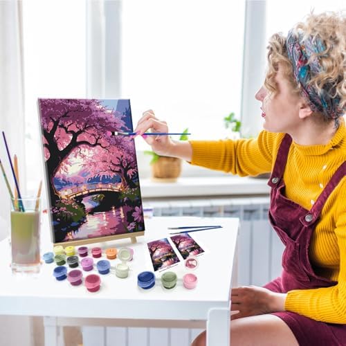 JOOZ Paint by Numbers Kit for Adults with Frame Sakura Paint by Number with Easel Tree Adult Paint by Number Kits Framed Canvas Mountain Waterfall Oil Painting Kits for Gift Home Wall Decor 8x12 Inch