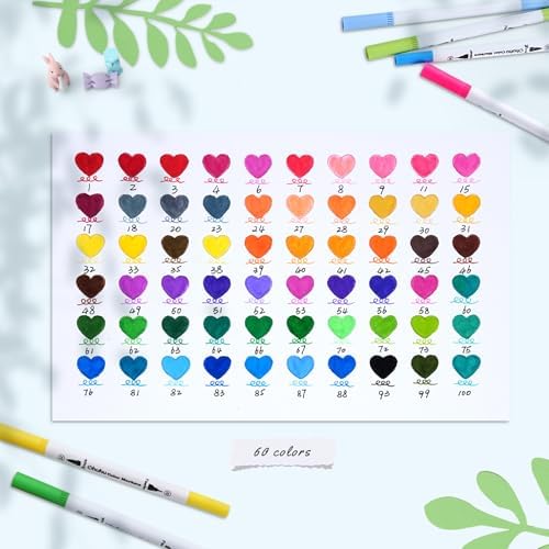 Ohuhu Adult Coloring Book Markers 60 Colors Dual Tip Water-Based-Maui-White | No Bleed Coloring Markers Fineliner & Brush Drawing Pens Art Pens for Kids Adults Sketch Journal