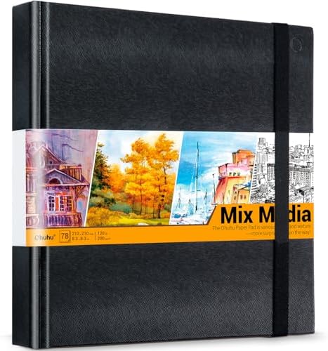 Ohuhu 8.3"x8.3" Mix Media Pad Art Sketchbook 78 Sheets for Painting Drawing | Square Sketch Book - 120 LB/200 GSM Heavyweight Paper -Hardcover Mixed Media Sketch Pad for Watercolor Acrylic Christmas Gift