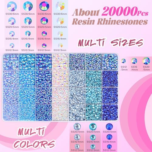 20000Pcs Blue Rhinestones for Bedazzling with B7000 Jewelry Glue, Resin Rhinestones for Crafting Crafts DIY, Bedazzler Kit Gems for Clothing Shoes Tumblers Fabric Nail Art Assorted Size 3/4/5/6mm