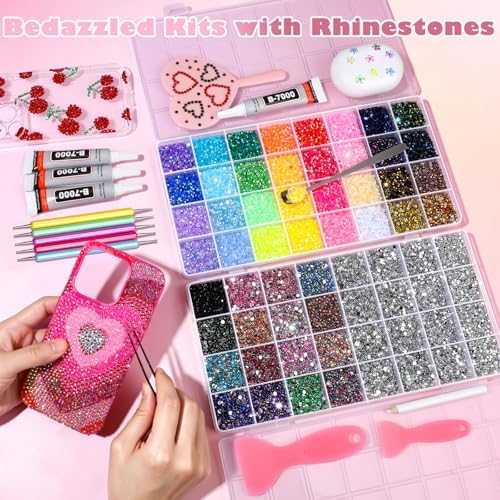 YGDZ 64 Grids Bedazzling Kit, 40000Pcs Jelly Resin Rhinestones for Diamond Art, Silver Flatback Gems, Bedazzled Kits with B7000 Jewelry Glue, Bedazzling Tool, Nail Charms, for Nail Art, Crafts, DIY