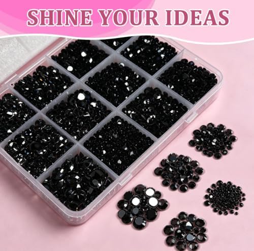 10000PCS Black Rhinestones Bedazzling Gems 2/3/4/5/6MM Mix Sizes Resin Jelly Bedazzler Kit Flatback with Complete Tools for DIY, Nail, Art Craft for Girls Gift
