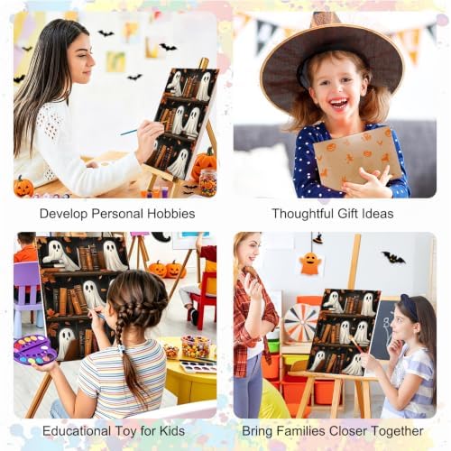 SENQAO Bookshelf Ghost Paint by Numbers Kit for Adults Beginner, Halloween Adult Paint by Number Kits on Canvas, DIY Acrylic Oil Easy Painting by Numbers for Home Wall Decor 8X12 inch (Book Ghost)