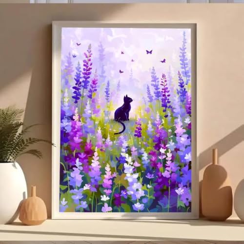 VeGuude Black Cat Diamond Art Kits for Adults,Lavender 5D DIY Full Round Drill Diamond Painting Kit,Landscape Scenery Diamond Art Gem Painting for Gift Home Wall Decor (12x16 inch)