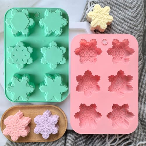 2 Pcs Snowflake Silicone Candle Soap Molds for Christmas Baking Chocolate Candy Cake Pan Cookie Jelly Muffin Ice Cube Trays Baking Moulds DIY Bath Bomb Molds Decoration (Green Light Pink)