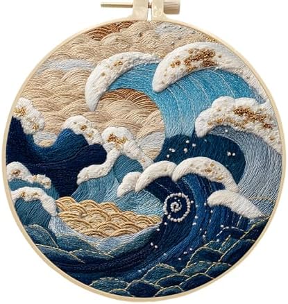 FONNUY Embroidery Kit for Beginners, Stormy Sea Wave Flowers Pre-Stamped Pattern Kits for Adults with Hoop, Easy to Follow Color Thread Needlework, 8'' Hoop (Brown)
