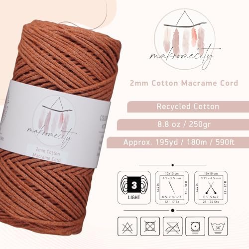 Makromecity, Cotton Macrame Cord 2mm x 195 Yards (590 feet) 2mm Recycled Cotton Crochet Yarn for Macrame Art & Crafts for Wall Hangings, Bags, Underplate, Rug (25 Colors Available) (Brick)