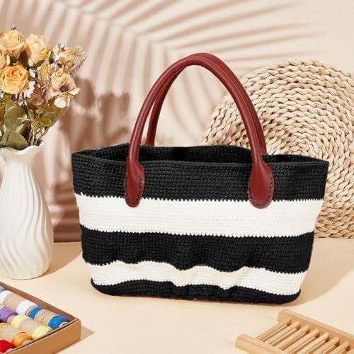 ORIGACH DIY Crochet Handbag Kit for Beginners, Black Striped Tote Bag with PU Leather Band and Base, Complete Crochet Set to Make a Bag, Include Yarn, Hooks, Markers and Instruction