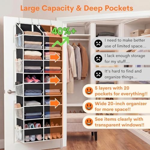 Over the Door Organizer 5 Tiers, Extra Large Behind Door Storage of 10 Compartments, 80 lbs Weight Capacity Hanging Storage Organizer with Clear Window Kids Toys, Shoes, Diapers, Room storage