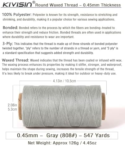 Thin Wax Polyester Thread, 0.45mm, 547 Yards, 3 Ply Round Waxed Cord Strings for Sewing, Beading, Binding, Micro Braiding, Fine Leather Craft and Micro Macrame Jewelry - Gray