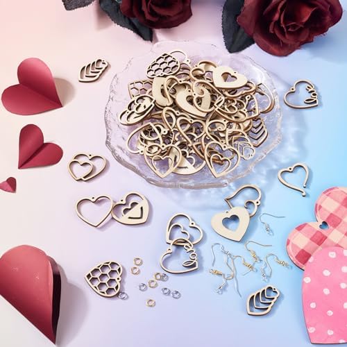Elecrelive 60pcs Valentine's Day Wooden Earring Set Wooden Heart Charms Unfinished Wood Charms Wood Cutout Earrings for DIY Earring Necklace Jewelry Making