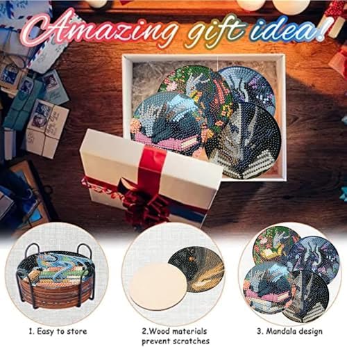 NEGEKFKX 8 Pcs Dragon Book Diamond Art Painting Coasters Kits, Coaster with Holder for Adults, Non-Slip DIY Dot Paint Craft Kits,5D Full Drill DIY Diamond Dot Gem Art Kit Home Decor Arts Craft