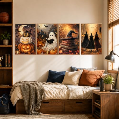 AUKELHJ 4 Pack Framed Paint by Numbers Kit for Adults, Halloween, 8x12 inch | Paint by Number for Adults, Beginner Friendly, Framed Canvas, Easel Included, Fun and Relaxing, Gifts Box, Home Wall Decor