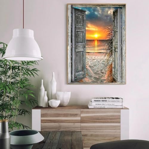 MIRCVSH Sunset Beach Paint by Numbers for Adults-Landscape Paint by Number on Canvas with Wooden Framed,DIY Acrylic Oil Painting by Number Kits for Adults Gift Home Wall Decor(12x16inch)