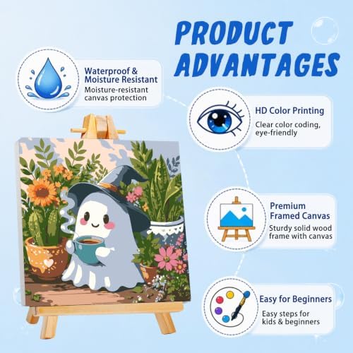 AUKELHJ Paint by Numbers Kit for Kids with Frame, Halloween Ghost, 8X8 inch