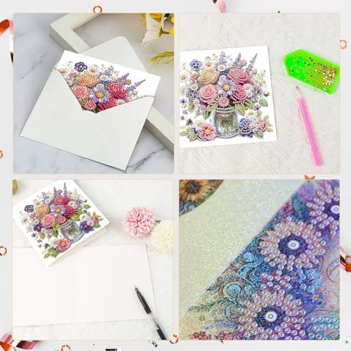 Tontut 6pcs Diamond Art Painting Greeting Card, Pretty Vase Beautiful Flowers 5D DIY Special Shape Diamond Painting Christmas Birthday Greeting Card Creative Gifts