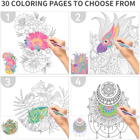 18 Glitter Gel Pens Set with 30-Page Coloring Book Floral, Animal Mandala