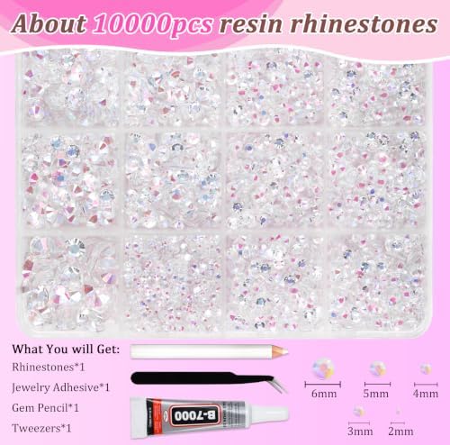 10000PCS Clear AB Rhinestones Bedazzling Gems 2/3/4/5/6MM Mix Sizes Resin Jelly Bedazzler Kit Flatback with Complete Tools for DIY, Nail, Art Craft for Girls Gift