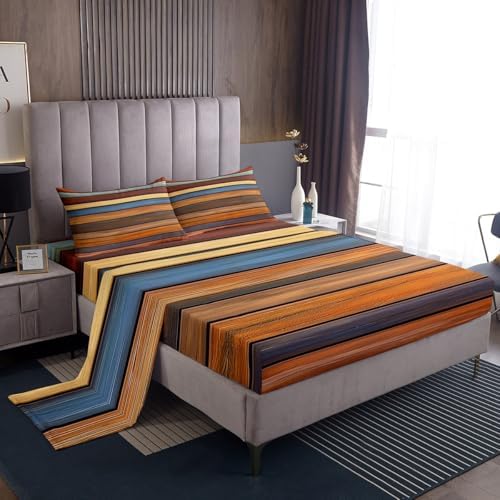 Retro Striped Bed Sheet Set Queen Size Oil Painting Stripes Mattress Cover Modern Simple Style Sheets for Boys Girls Bedroom Orange Brown with Flat,Fitted Sheet Pillowcase 4Pcs