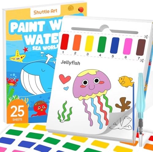 Shuttle Art Paint with Water Coloring Book for Kids, 25 Sea World Themed Pages with 2 Brushes, Mess-Free Watercolor Paint Set, Travel-Friendly Art Craft Gift for Toddlers, Birthday Christmas Gift