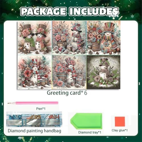 6 Pack 5D DIY Diamond Painting Christmas Snowman Greeting Card Kit, Diamond Art Birthday Holiday Greeting Card, Art Crafts Kit Creative with Envelope