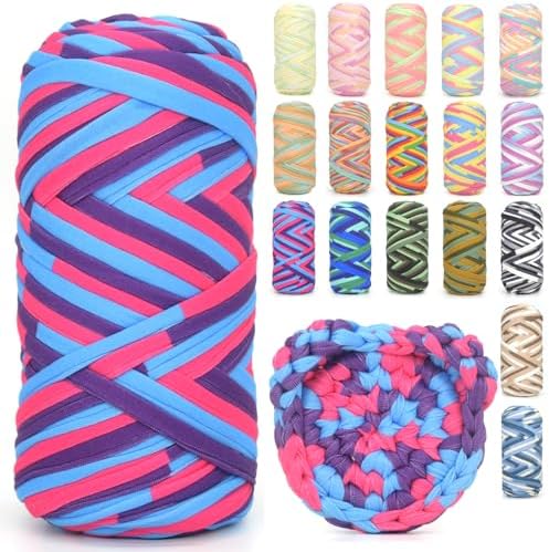 Tshirt Yarn for Crocheting,Rainbow T Shirt Chunky Elastic Fabric Thick T-Shirt Crochet Yarn for Beginners Crocheting Hand Knitting Bag/Basket/Coasters/DIY Crafts/Home Decor 200G-Blue Pink Purple