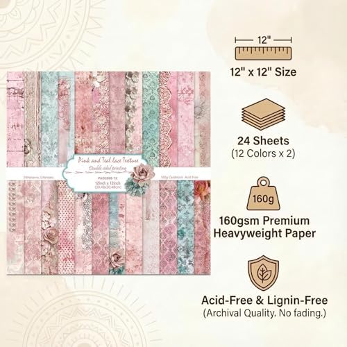 Vintage Scrapbook Paper 12 ×12 - 24Sheets Double-Sided Pattern Decorative Paper | Scrapbook Supplies & Card Making Supplies for DIY Crafts Art Journaling Photo Album Decor (Pink)