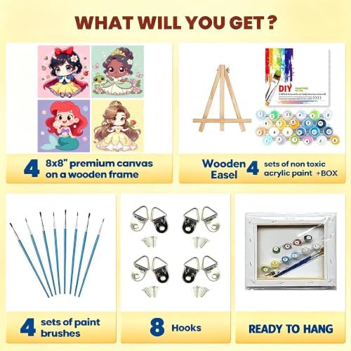 LWZAYS 4 Pack Cartoon Paint by Number for Kids with Wooden Frame-Paint by Numbers for Kids Ages 4-8-12, DIY Paints with Numbers Easy Acrylic Oil Painting Kits for Home Wall Decor (8X8inch) 2.0