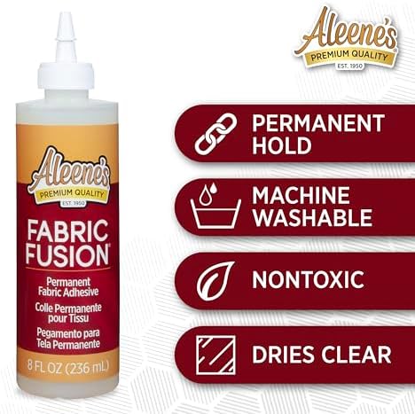 Aleene's Fabric Fusion Glue 8 fl oz, Permanent and Washable Adhesive, No-Sew Fabric Glue for Clothing, Denim, Polyester, Cotton, Flannel Materials, Dries Flexible