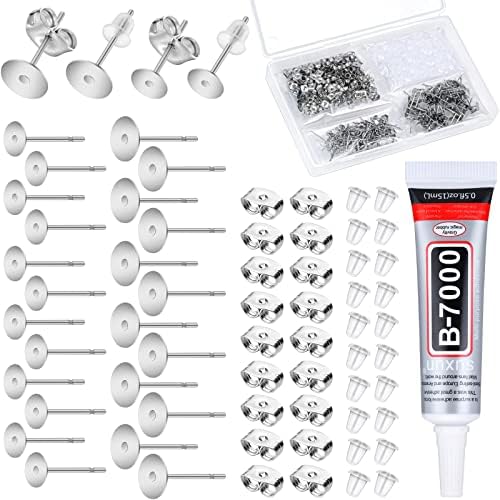 Anezus Jewelry Glue With 600pcs Stainless Steel Earring Posts and Backs - Hypoallergenic Blanks With Rubber Backs for Jewelry Making Supplies and Findings