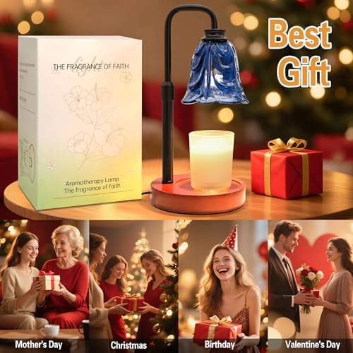 XJZJY Blue Flower Candle Warmer Lamp with Timer, Birthday Gifts for Women | Dimmable wax melt warmer with 2 bulbs for jar candles, height adjustable, Blue tulip design, home decor, housewarming gifts