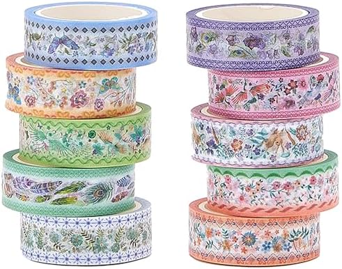 YUBBAEX 10 Rolls Embroidery Pattern Washi Tape Set - Decorative Adhesive Masking Tape for Scrapbooking, Journaling, DIY Crafts, Gift Wrapping – Vintage Floral and Nature Designs