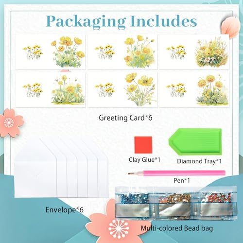 6pcs 5D DIY Diamond Painting Kit Greeting Card, Small Yellow Flower Diamond Handmade Greeting Card with Envelope, Holiday Gift Congratulations